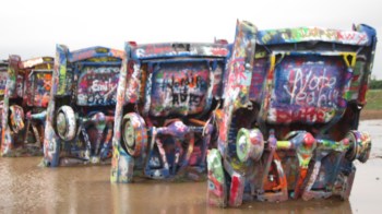 Cadillac Ranch - the cars are in a pretty big puddle after the horrendous rains in Texas in the past number of weeks. 